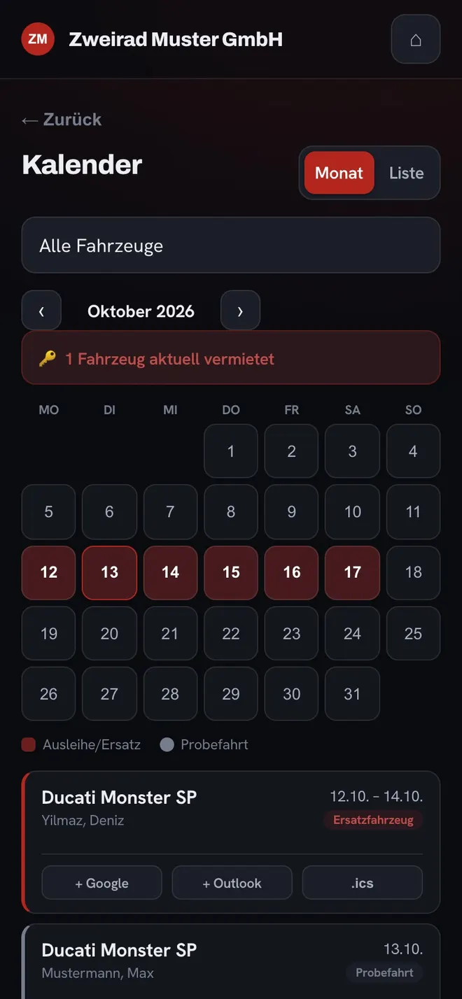 docuscans: Kalender mit Buchungen je Fahrzeug