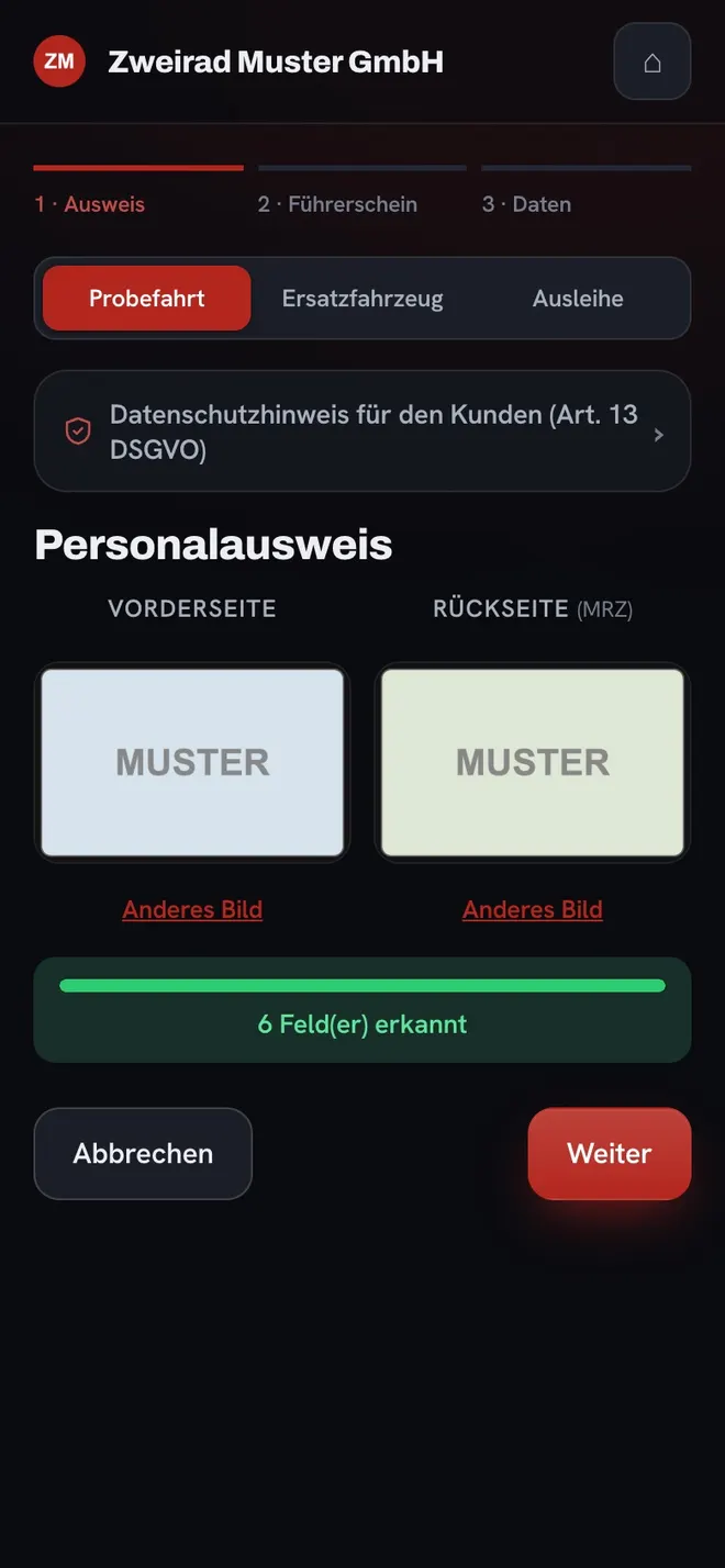 docuscans: Personalausweis wird gescannt, sechs Felder erkannt