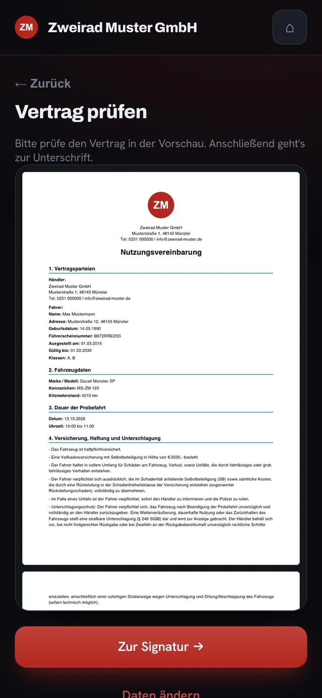 docuscans: Vorschau des fertigen Probefahrt-Vertrags