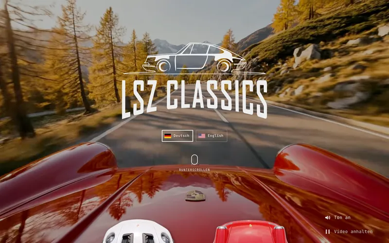 Neue Startseite von LSZ Classics: Fahrt im roten Klassiker über eine Bergstraße, darüber das neue Logo, unten ein weißer GT3 RS und ein roter Klassiker von oben