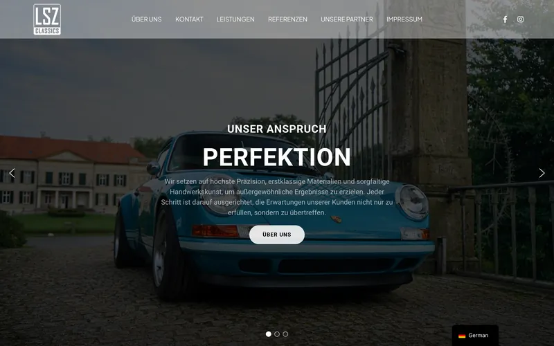 Alte Startseite von LSZ Classics: Slider mit blauem Klassiker vor einem Schlosstor und der Überschrift Perfektion