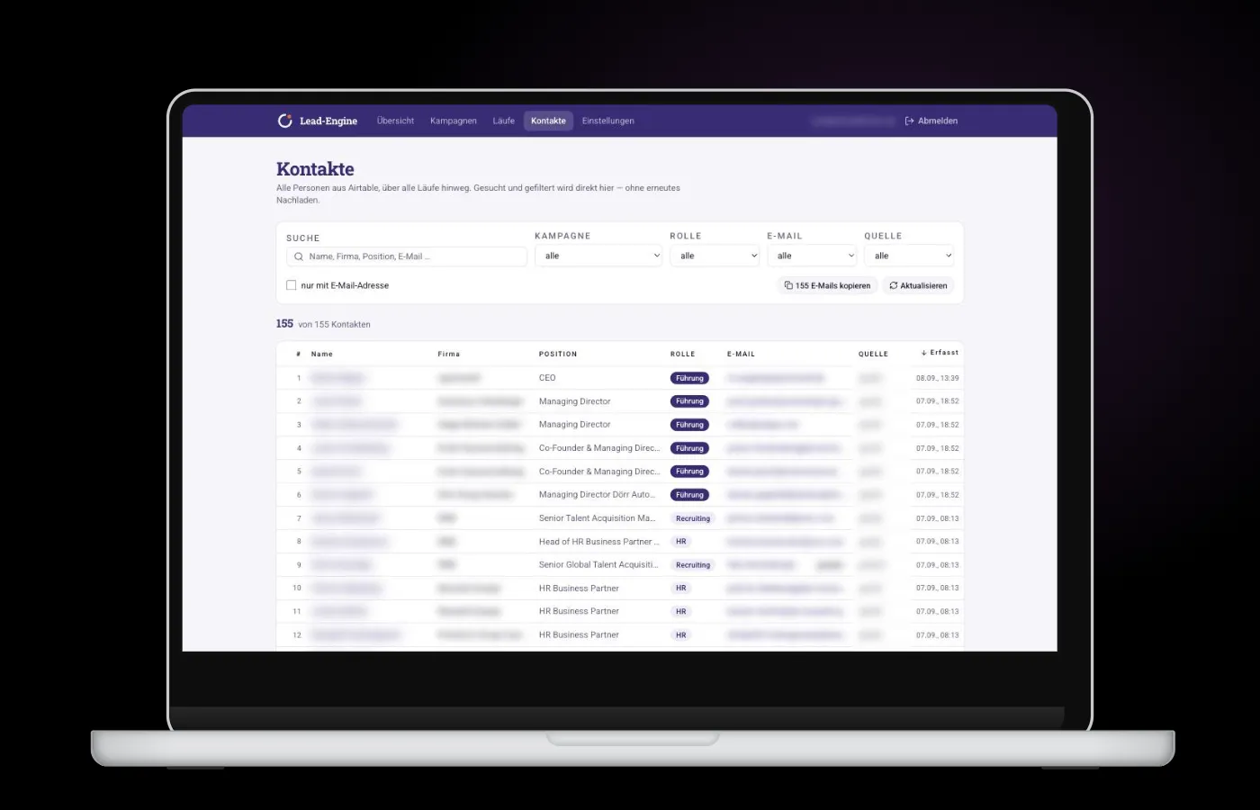 Lead engine dashboard: run metrics and contacts found, sample data