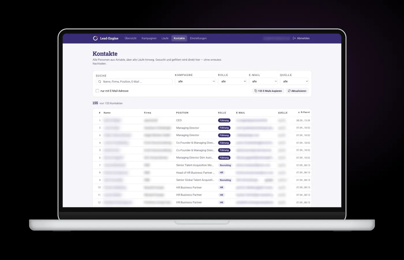 Dashboard der Lead-Engine: Kennzahlen eines Laufs und gefundene Ansprechpartner, Beispieldaten