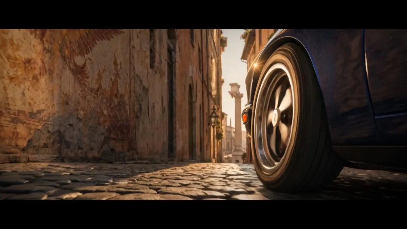 Still from the Phoenix spot: Porsche restomod in front of a Roman backdrop