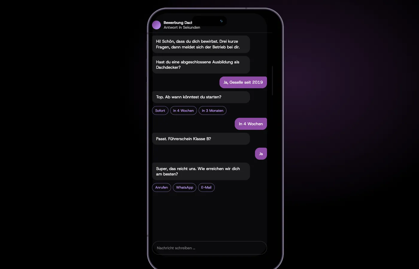 Applicant chat on a smartphone: the funnel asks three short questions, sample dialogue
