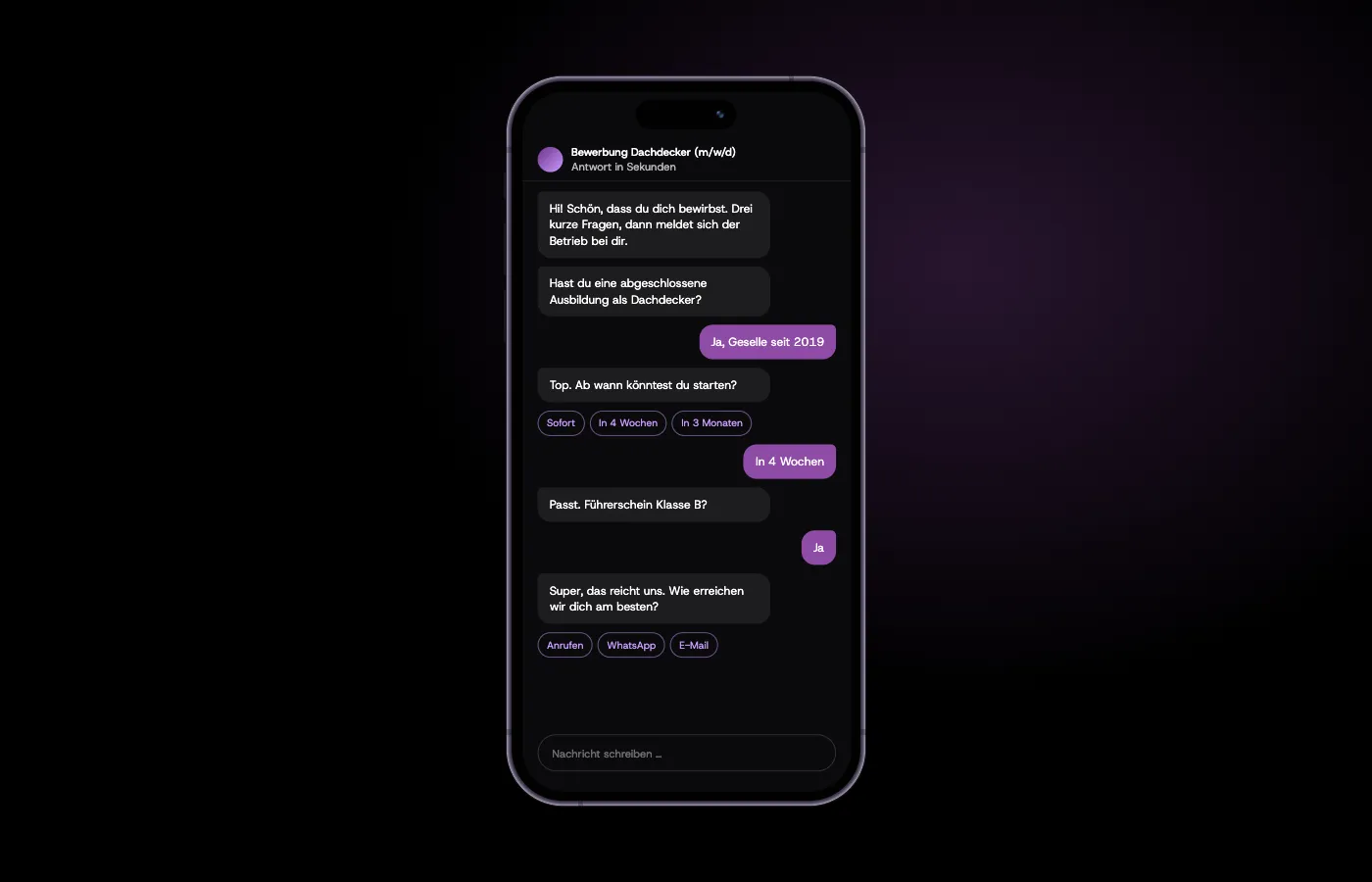 Bewerber-Chat auf dem Smartphone: der Funnel stellt kurze Fragen, Beispieldialog