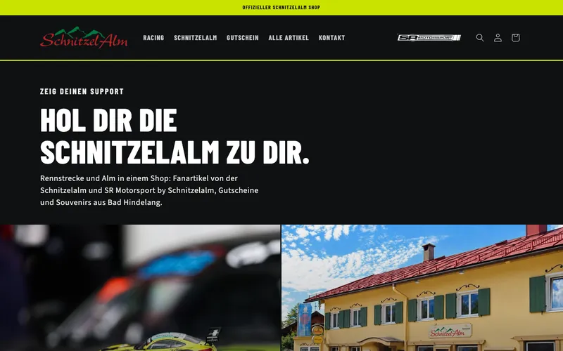 Startseite des neuen Shops: schwarze Kopfzeile mit Schnitzelalm-Logo und SR-Motorsport-Logo, Überschrift Hol dir die Schnitzelalm zu dir, darunter zwei Kacheln für Racing und Alm