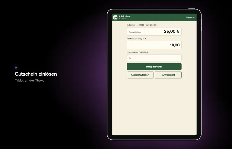 Die Einlöse-Seite auf einem Tablet: Gutschein mit Restguthaben 10 Euro, Rechnungsbetrag 18,90, Hinweis auf den Restbetrag, Feld für die Bon-Nummer und der Knopf Betrag abbuchen